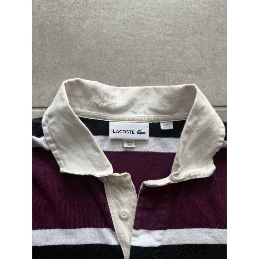 Lacoste Mens Striped Long Sleeve Rugby Shirt Purple Green Black White Size L - Picture 2 of 8